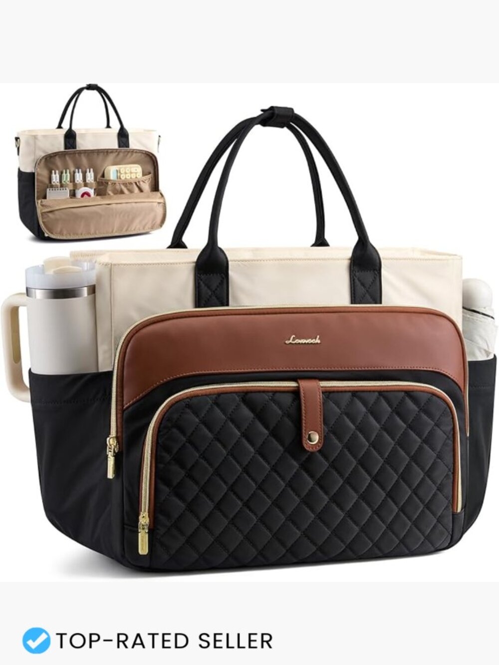 Quilted Laptop Tote Bag for Women 15.6 Inch Work Bag with Cup Holder